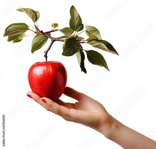 A woman's hand with a red manicure holds a red apple. Isolated on a transparent background.