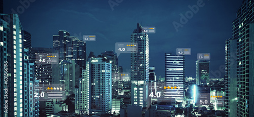 online communication concept, social network with speech bubbles with customer review on blue cityscape background.