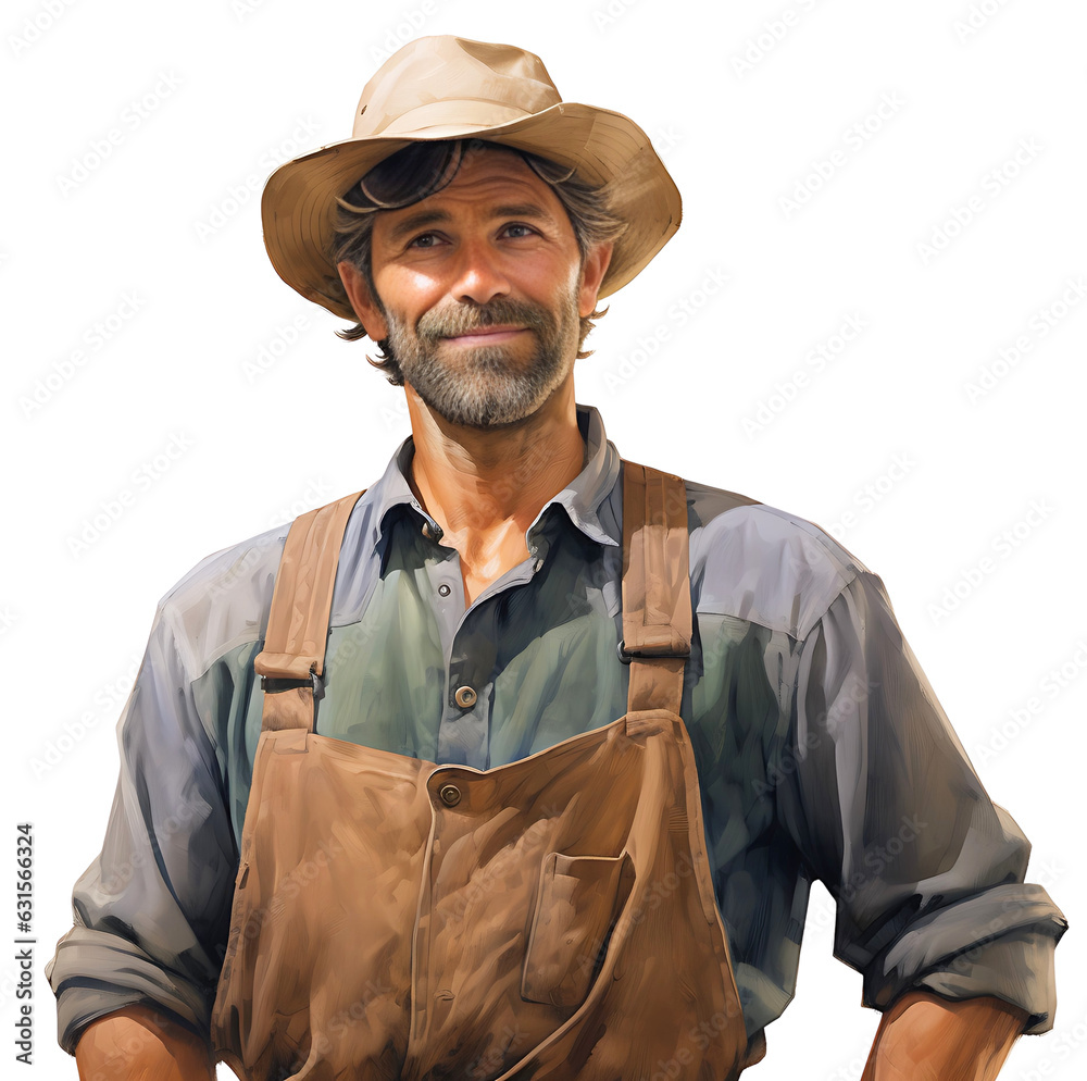 Fototapeta premium Cheerful smiling farmer in a hat close-up. The man works on the farm. Isolated on a transparent background.
