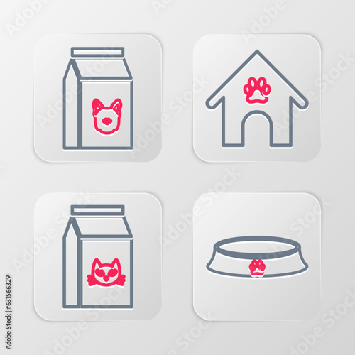 Set line Pet food bowl, Bag of for cat, Dog house and paw print pet and dog icon. Vector