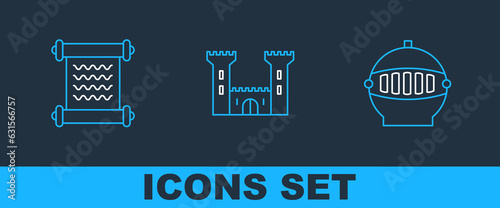 Set line Medieval iron helmet, Decree, parchment, scroll and Castle icon. Vector