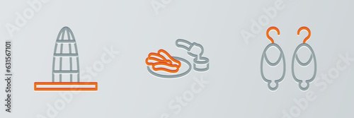 Set line Earrings, Agbar tower and Churros and chocolate icon. Vector