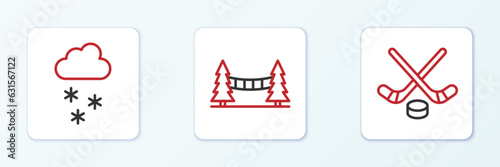 Canvas Print Set line Ice hockey sticks and puck, Cloud with snow and Capilano Suspension Bridge icon