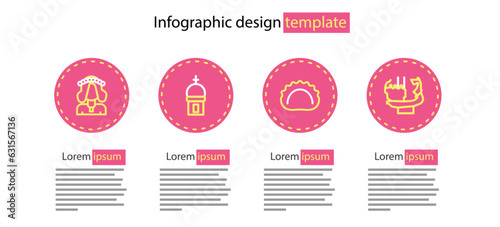 Set line Dumplings, Monument to founders of Kiev, Church tower and Ukrainian woman icon. Vector