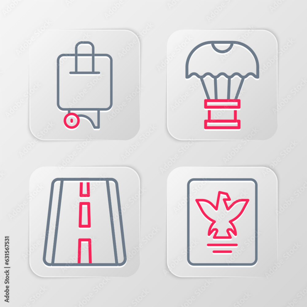 Set line Passport, Airport runway, Box flying on parachute and Suitcase icon. Vector Set line Passport, Airport runway, Box flying on parachute and Suitcase icon. Vector