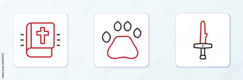 Set line Dagger, Holy bible book and Bear paw footprint icon. Vector Set line Dagger, Holy bible book and Bear paw footprint icon. Vector