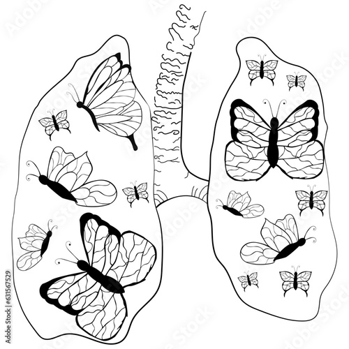 Outline drawing. Linear drawing lungs with butterflies inside.