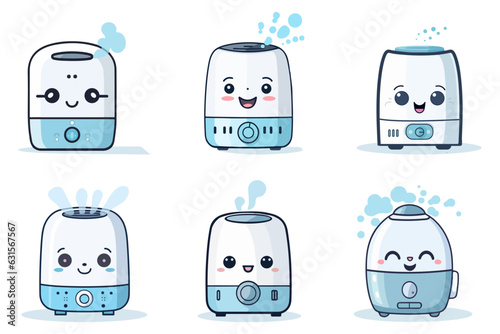 Set of cute cartoon humidifier for room, home, flat, office isolated on white background. Equipment, domestic, air purifier, vaporizer. Vector illustration for any design.