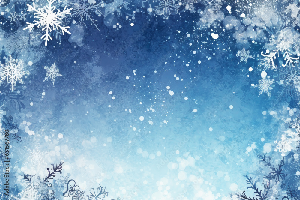 Christmas background with space for text in a watercolor drawing style. Snow-covered Christmas, snowflakes on a blue background. Template for inserting text, invitation, banner. Generated by AI
