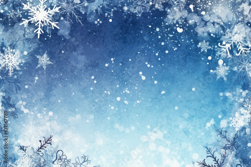 Christmas background with space for text in a watercolor drawing style. Snow-covered Christmas, snowflakes on a blue background. Template for inserting text, invitation, banner. Generated by AI © Galina
