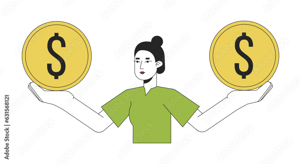 Cute asian woman holding coins on hands flat line color vector character. Balance in finances. Editable outline full body person on white. Simple cartoon spot illustration for web graphic design Cute asian woman holding coins on hands flat line color vector character. Balance in finances. Editable outline full body person on white. Simple cartoon spot illustration for web graphic design