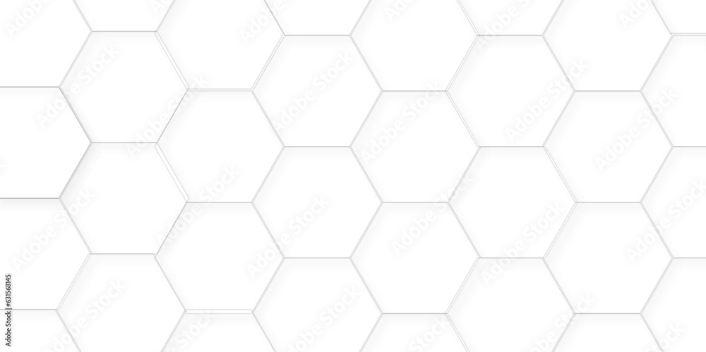Pattern of white hexagon white abstract hexagon wallpaper or background. 3D Futuristic abstract honeycomb mosaic white background. geometric mesh cell texture. 