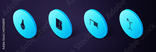 Set Isometric Coat stand, Office desk, Shower cabin and Vase icon. Vector