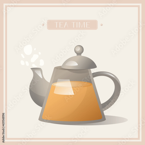 Teapot with tea and lid in flat style on beige background. Tea time. Tea party. 
