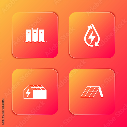 Set Hydroelectric dam, Water energy, Solar panel and icon. Vector