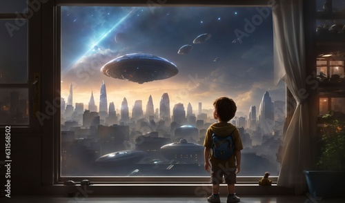 A small boy by a window watches an alien ship dominate the sky, city bustling in blissful ignorance