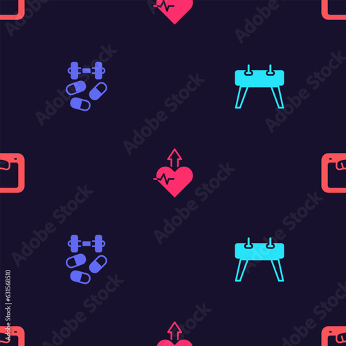 Set Pommel horse, Sports doping with dumbbell, Heartbeat increase and Bathroom scales on seamless pattern. Vector