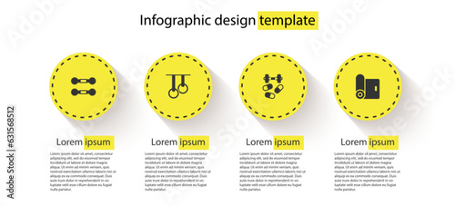 Set Dumbbell, Gymnastic rings, Sports doping with dumbbell and Fitness mat roll. Business infographic template. Vector