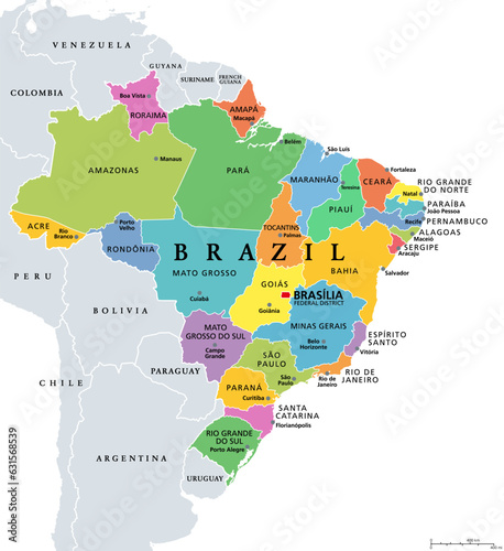 States of Brazil, political map. Differently colored federative units, with their borders and capitals. Subnational entities with certain degree of autonomy, forming the Federative Republic of Brazil. photo