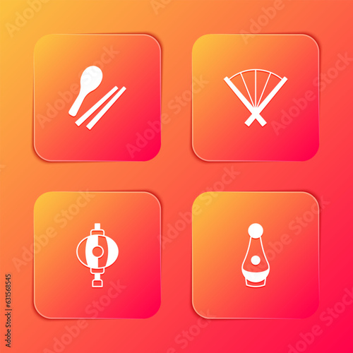 Set Food chopsticks  Traditional fan  Korean lantern and Soju bottle icon. Vector