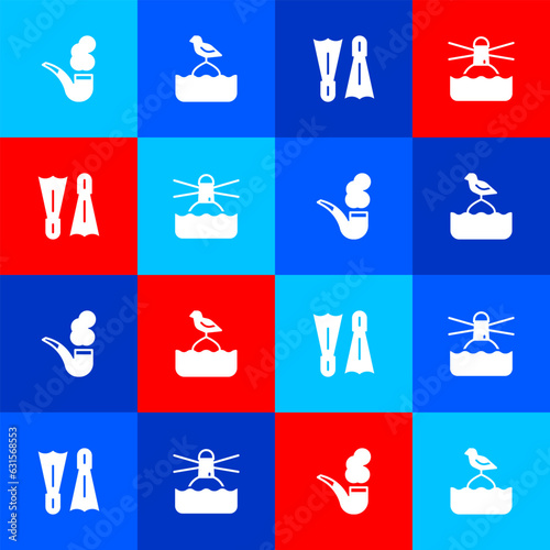 Set Smoking pipe, Seagull sits on a buoy, Flippers for swimming and Lighthouse icon. Vector