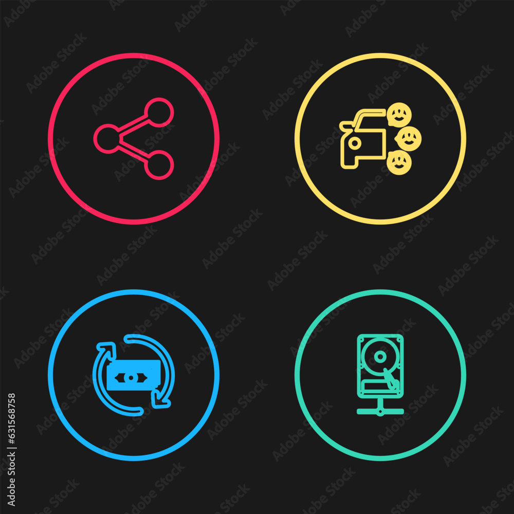 Set line Refund money, Hard disk drive sharing network, Car and Share icon. Vector Set line Refund money, Hard disk drive sharing network, Car and Share icon. Vector