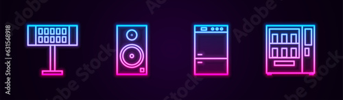 Set line Electric heater, Stereo speaker, Refrigerator and Vending machine. Glowing neon icon. Vector