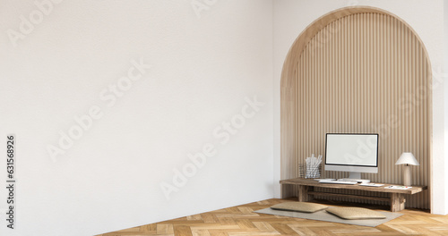 The interior Computer and office tools on desk room muji style interior design. 3D rendering photo