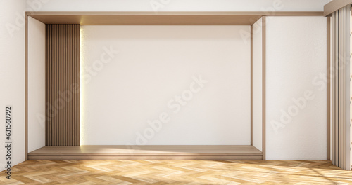 Modern japan style empty room decorated with white slat wall.