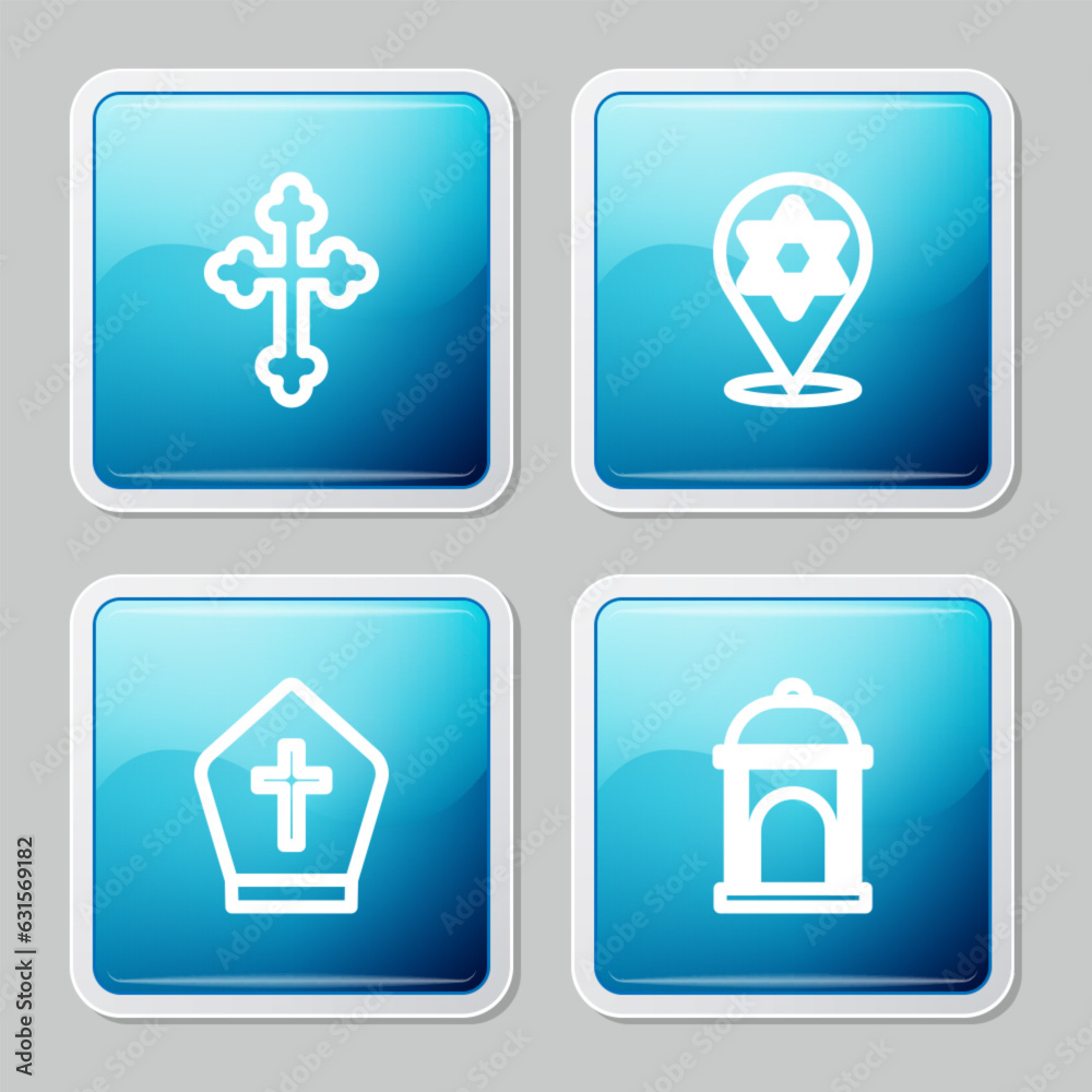 Set line Christian cross, Star of David, Pope hat and Muslim Mosque icon. Vector Set line Christian cross, Star of David, Pope hat and Muslim Mosque icon. Vector