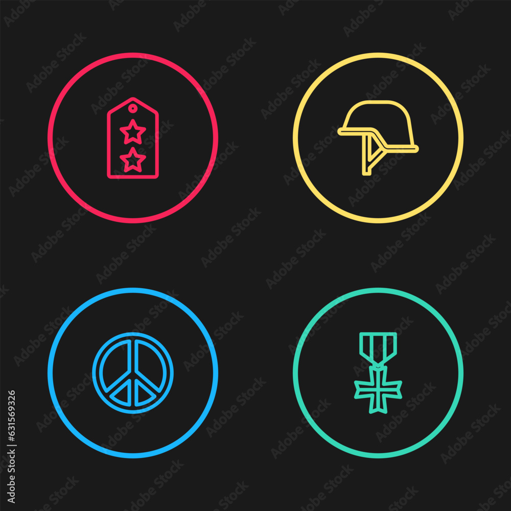 Set line Peace, Military reward medal, helmet and rank icon. Vector Set line Peace, Military reward medal, helmet and rank icon. Vector