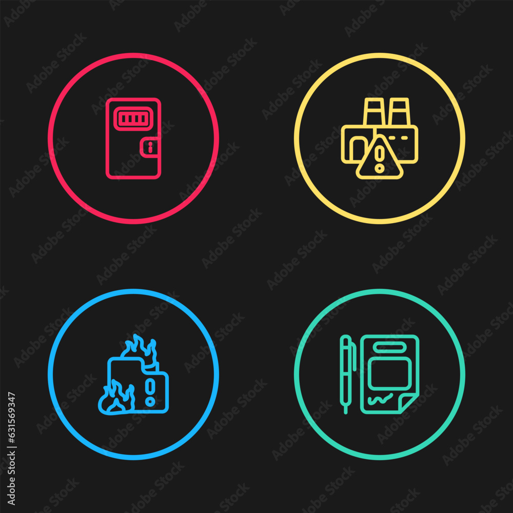 Set line Fire in burning house, Contract money and pen, Shutdown of factory and Prison cell door icon. Vector Set line Fire in burning house, Contract money and pen, Shutdown of factory and Prison cell door icon. Vector
