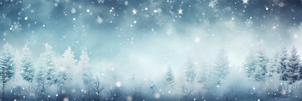 Winter panoramic background with snow-covered fir branches and snowfall flakes. Christmas banner. generative AI