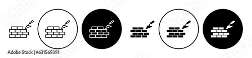 Brickwork icon set. house wall foundation bricklayer vector symbol with trowel sign in black filled and outlined style.