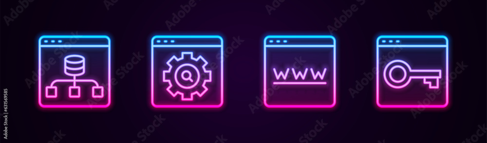 Set line Server, Data, Browser setting, window and Secure your site with HTTPS, SSL. Glowing neon icon. Vector Set line Server, Data, Browser setting, window and Secure your site with HTTPS, SSL. Glowing neon icon. Vector