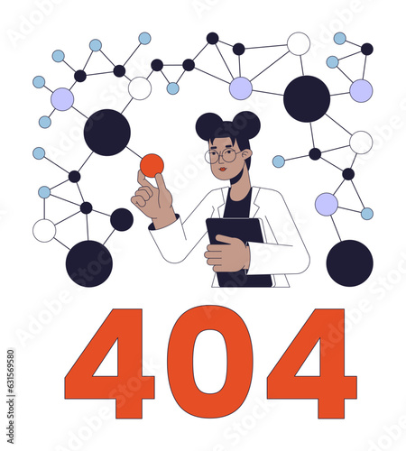 Molecular biology scientist error 404 flash message. Analysis structure of molecules. Empty state ui design. Page not found popup cartoon image. Vector flat illustration concept on white background