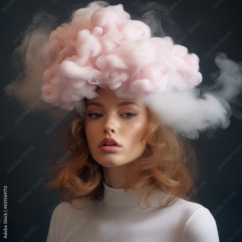 Young beautiful girl standing and posing in a thick cloud costume hairstyle on her head. Modern and stylish styling. Illustration. Generative AI