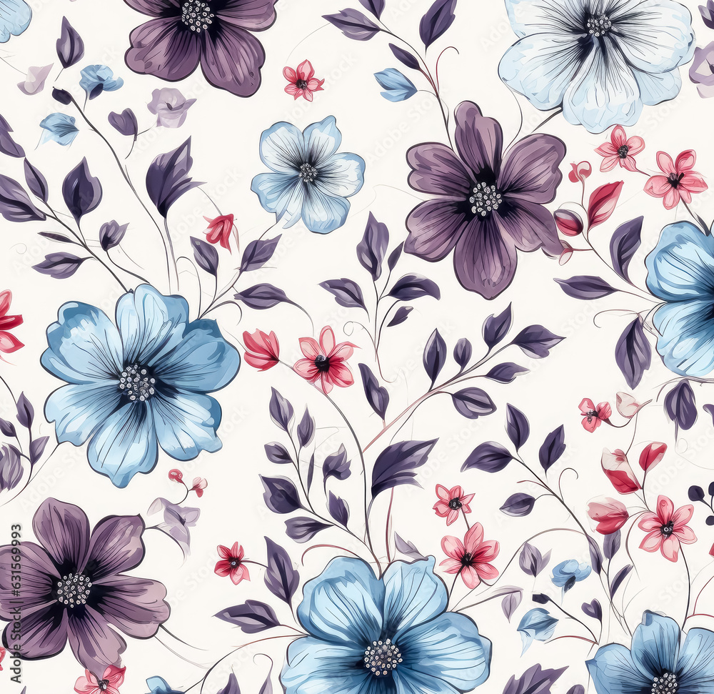 Watercolor floral pattern with purple, pink roses and lilac, in the style of light beige and dark azure.