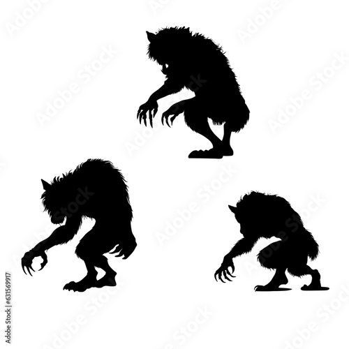 Black silhouette of a werewolf. vector pack of werewolf illustrations. icon set of a wolf. graphic element for Halloween design.