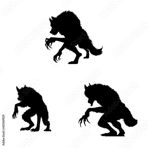 Black silhouette of a werewolf. vector pack of werewolf illustrations. icon set of a wolf. graphic element for Halloween design.