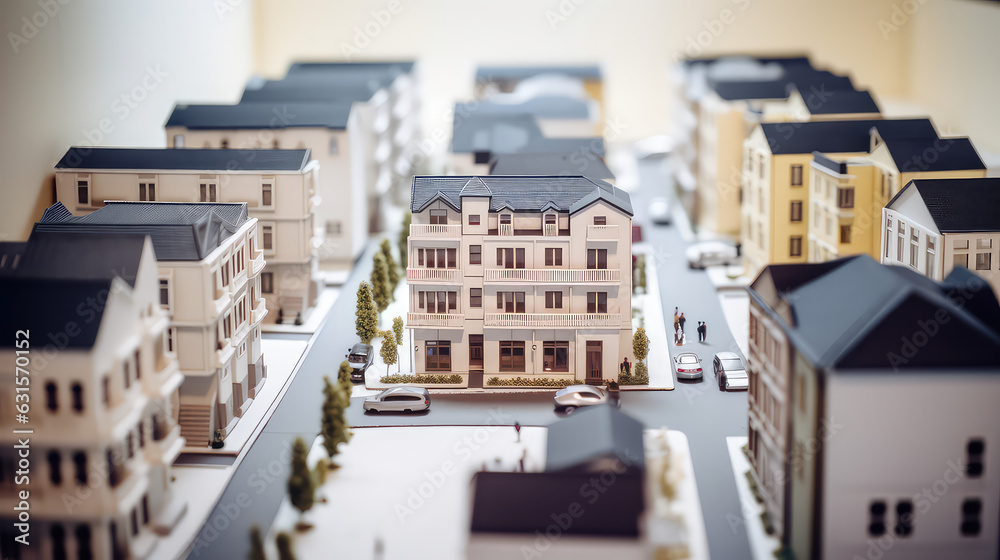 Toy Town. Miniature models of realistic houses, blurred background, wallpaper with toy apartment complex, many houses. 3d render style.