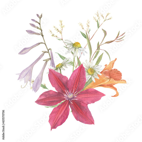Fototapeta Naklejka Na Ścianę i Meble -  Floral arrangement of garden flowers. Clematis, hosta, chamomile. Floral element to create decor, prints in vintage, victorian and boho style.