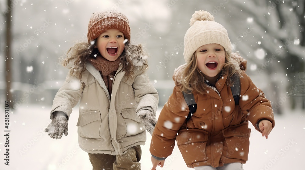 Children playing in the snow. This is a fun moment Children playing in the snow. This is a fun moment