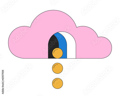 Spheres dropping from surreal cloud flat line color isolated conceptual clipart. Balls falling. Editable vector object on white background. Simple outline cartoon spot illustration for web design