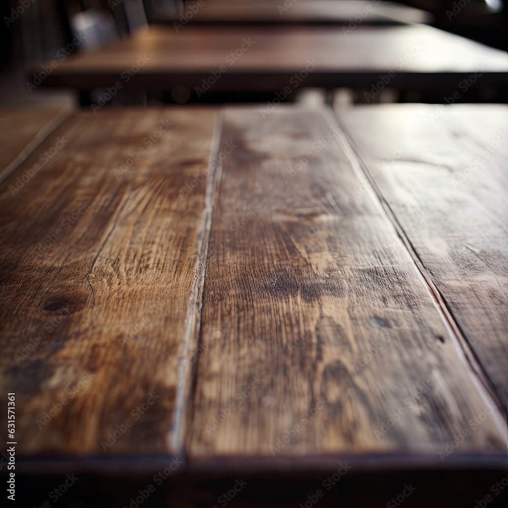 An empty wooden table top with a blurred room background. (Generative AI) An empty wooden table top with a blurred room background. (Generative AI)