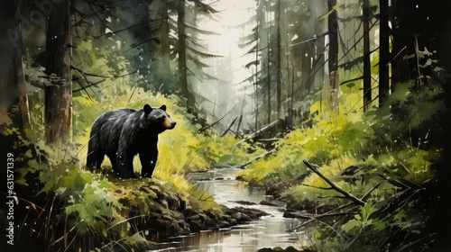 A black bear strolling amidst lush green plants in a forest.  Generative AI 