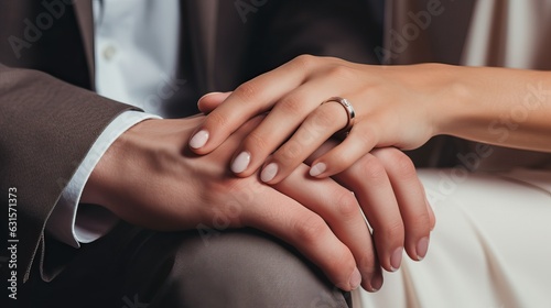Bride and groom in love putting wedding ring, closed up hand