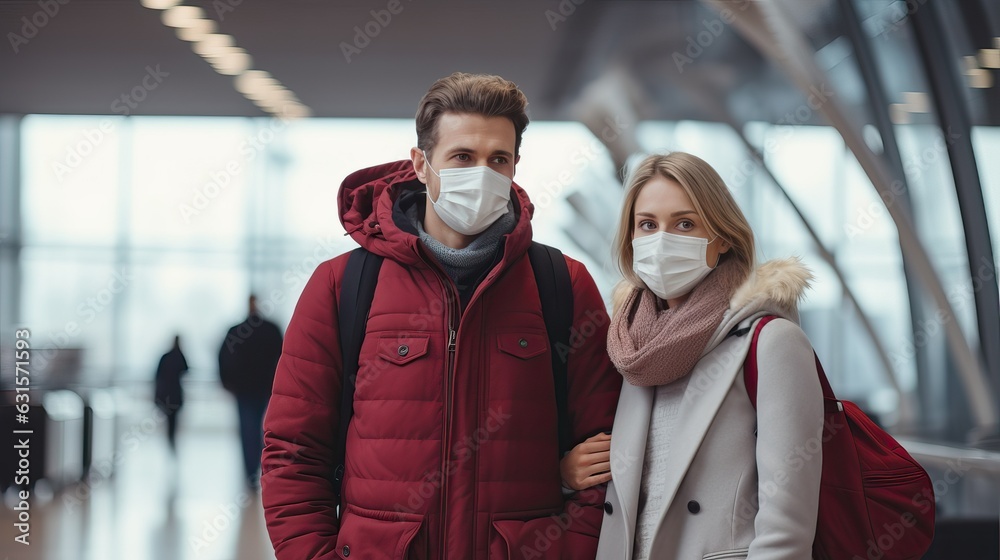 Couple with face mask at airport terminal.