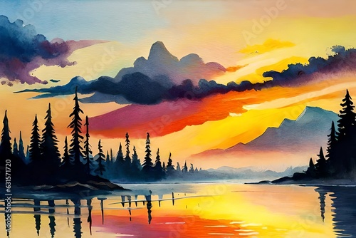 sunrise in the mountains with river water  splash color art painting