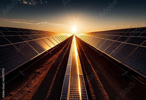 Solar panels generate electricity at sunset, you can see the reflection. AI generated